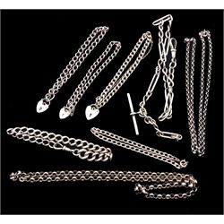 Silver jewellery including three curb link bracelets with heart padlock clasps, two belcher link chains, two curb link bracelets and an Albert chain with clip and T-bar 