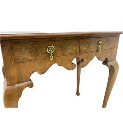 Queen Anne style figured walnut lowboy, moulded rectangular top with band,  over shaped apron fitted with two drawers, on cabriole supports