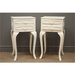  Pair white painted bow fronted French style bedsides, two drawers, cabriole legs with acanthus carvings, W38cm, H68cm, D33  
