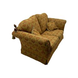 Three seat traditional design drop arm Knoll type sofa, and matching two seat sofa with footstool