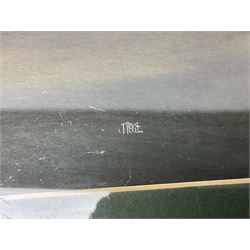 T. Page (early 20th century) - RFC bi-plane in flight over an airfield, bears labels verso 'BE2.B. Dennes Lane R.F.C. Lydd Flying School Oct.1916' and 'Lt. Gerrard R.F.C Lydd 1917 Evening Anti Zeppelin Training Flt. B. Dennes Lane Circum & Bumps', signed watercolour 20.5 x 22.5cm, later mahogany stained frame