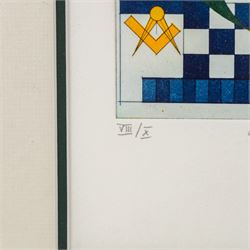 Hans-Joachim 'Jockel' Reisner (German 1938-2023): 'The Master' and 'Libra', two coloured etchings signed titled dated 2000 and 2001, one numbered 8/10 in pencil and stamped with blindstamp max 21.5cm x 15.5cm (2)
Notes: Reisner is best known for creating the Bradford City Fire Memorial in 1986. His style of printmaking is characterised by geometric lines and shapes, influenced by his degree in engineering.