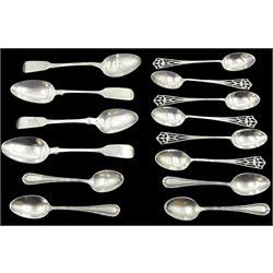 Set of six George V silver teaspoons with tapering and part pierced stems, hallmarked Sibray, Hall & Co Ltd, London 1910, together with four George V silver coffee spoons, hallmarked William J Holmes, Birmingham 1912, and four Fiddle pattern teaspoons, including George III provincial teaspoon, assay marked Dundee 1808, Alexander Cameron, other examples hallmarked Newcastle 1868 and 1871, and London 1815, various makers marks, approximate total weight 7.10 ozt (221 grams)
