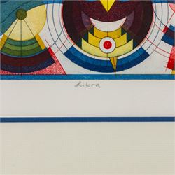 Hans-Joachim 'Jockel' Reisner (German 1938-2023): 'The Master' and 'Libra', two coloured etchings signed titled dated 2000 and 2001, one numbered 8/10 in pencil and stamped with blindstamp max 21.5cm x 15.5cm (2)
Notes: Reisner is best known for creating the Bradford City Fire Memorial in 1986. His style of printmaking is characterised by geometric lines and shapes, influenced by his degree in engineering.