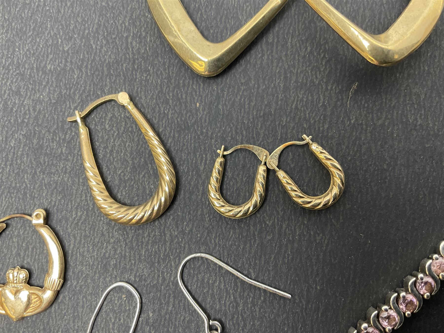 9ct gold hoop earrings and silver jewellery including bangle, stone set bracelet and earrings