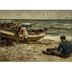 Robert Jobling (Staithes Group 1841-1923): Fishermen with their Boats at Staithes, oil on board signed 25cm x 33cm
