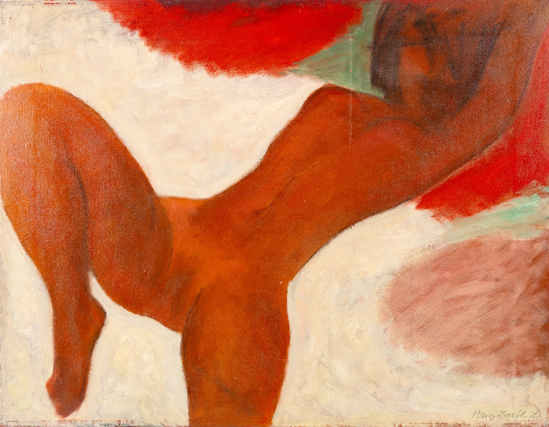 Tony Bartl (Czech 1912-1998): Female Nude in Red, oil on canvas signed and dated '74, 52cm x 67cm (unframed)