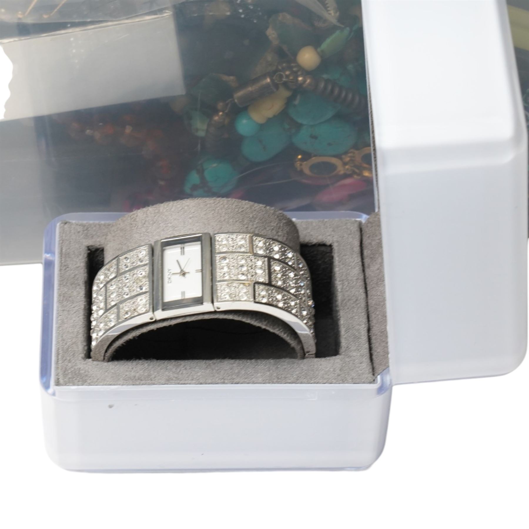 Large collection of costume jewellery and watches including DKNY, stone necklaces etc 