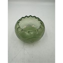 Three Austrian Art Nouveau iridescent glass vases, including a Kralik example of tapering form, with pearlescent lustre body and applied green flower decoration, tallest H18cm
