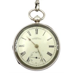 Victorian silver open face key wound pocket watch by American Watch Company, Waltham, No. 8908643, white enamel dial with Roman numerals and subsidiary seconds dial, Birmingham 1900, with silver Albert watch chain, each link hallmarked