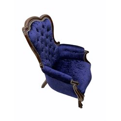 Victorian style mahogany framed armchair, upholstered in blue crushed velvet studded fabric