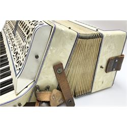 Italian Lambardi piano accordion in ivory coloured pearline case with jewelled decoration, twenty keys and one-hundred and twenty buttons L 37cm