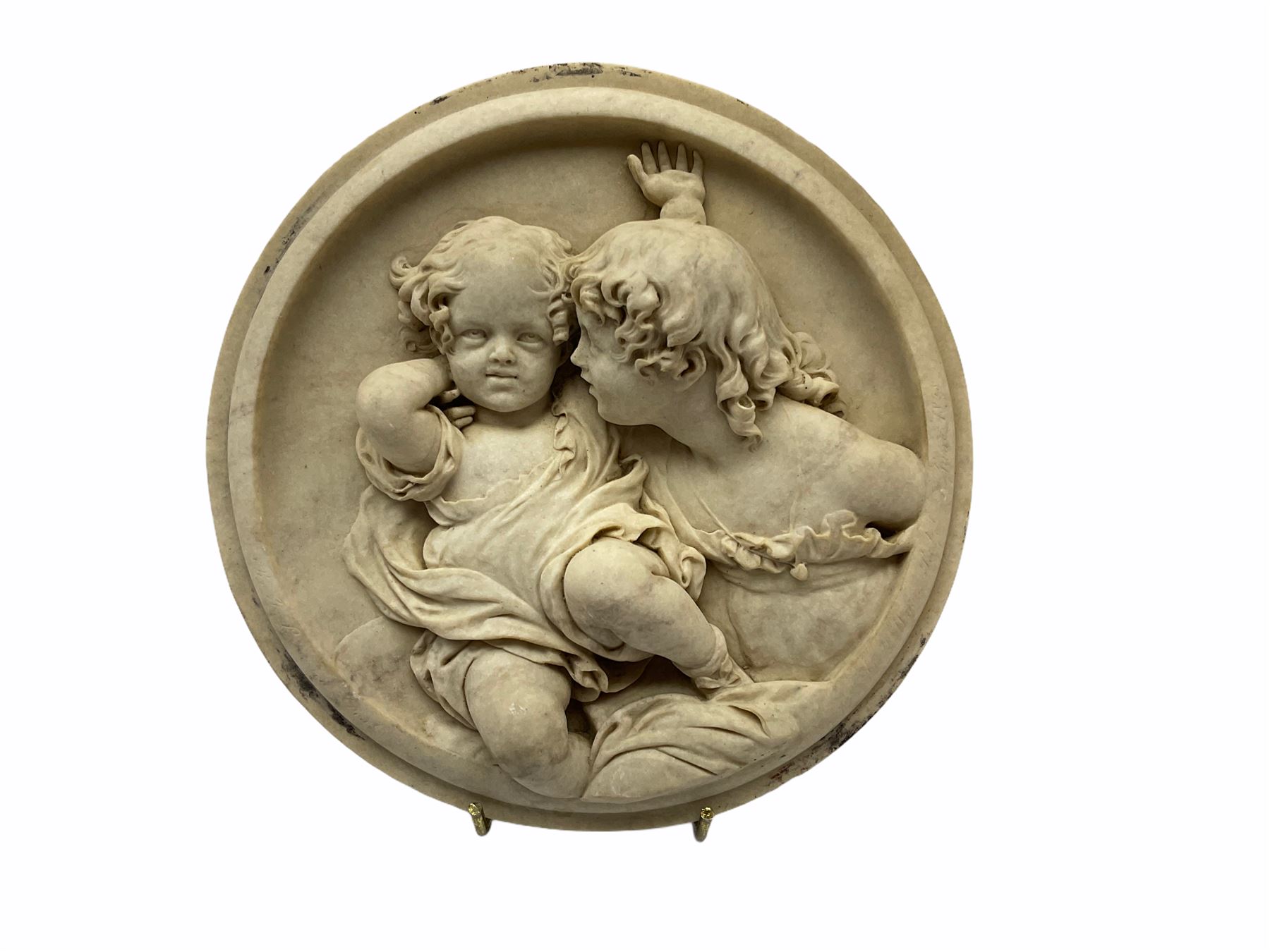 Victorian Parian ware twin handled vase detailed with Bacus masks fruiting vines and floral sprays H36cm, together with a Parian jug H14.5cm, classical Parian sculpture H40cm, decorative plaque decorated in high relief depicting two children D18.5cm. 