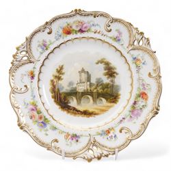 H&R Daniel Queen's shape porcelain plate, centrally painted with Blarney Castle, within a polychrome floral painted border, titled beneath, D25cm and another plate painted with a view of Warwick Castle (2)