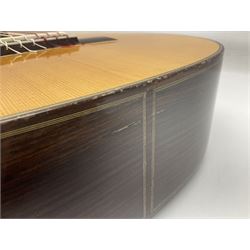 British hand made classical acoustic guitar by Huw Morgan with Indian rosewood back and sides and spruce top; bears label dated May 1998; L100cm; in Tribal Planet lightweight carrying case