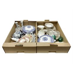 Crown Staffordshire part dinner service, with gilt decoration on a white ground, including seven twin handled soup bowls, tureen, side plates and dinner plates etc, together with two blue and white tureens, Halcyon Days trinket box, and other ceramics and glassware etc, in two boxes