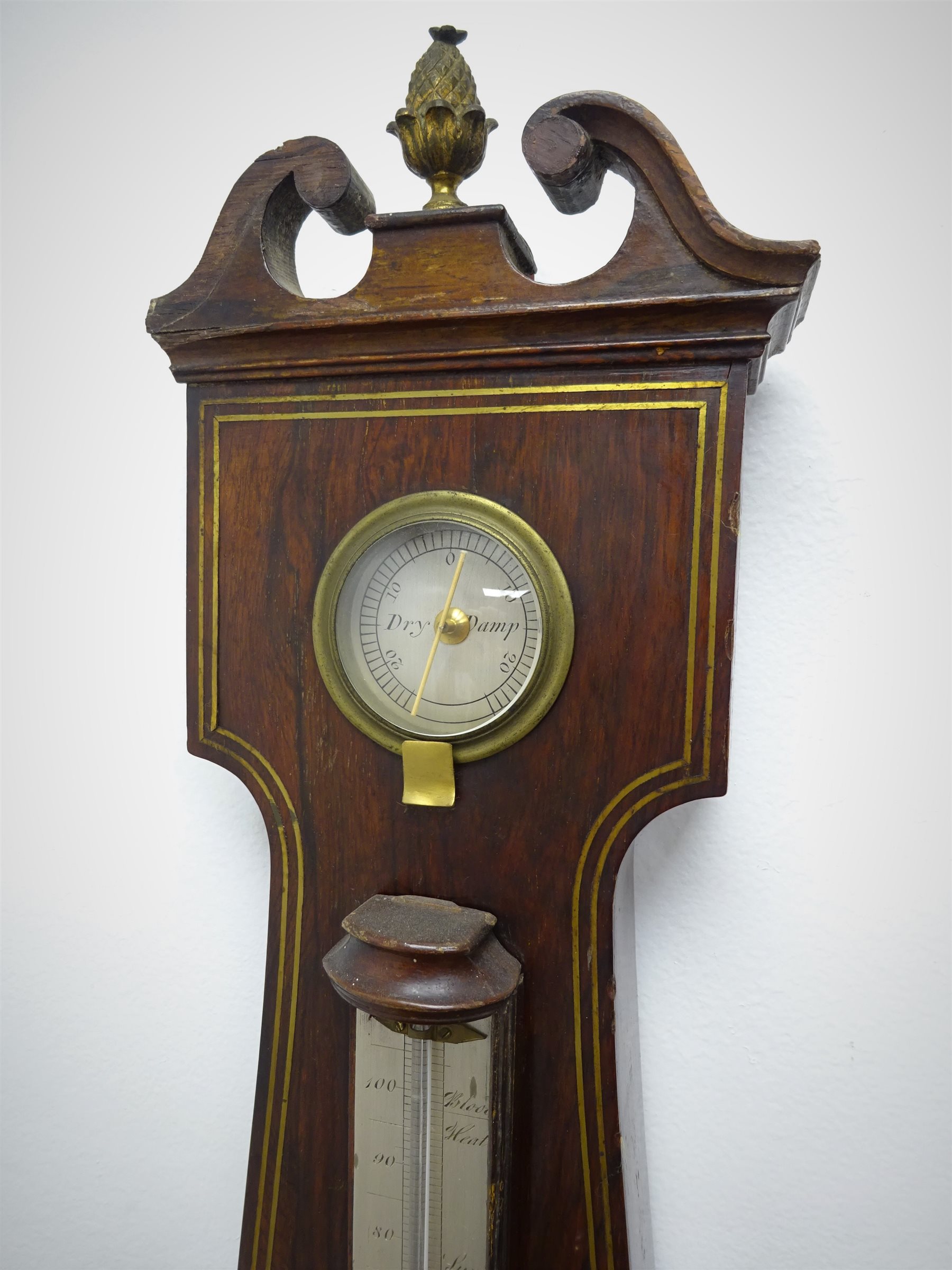 19th century rosewood mercury four dial barometer, swan neck pediment