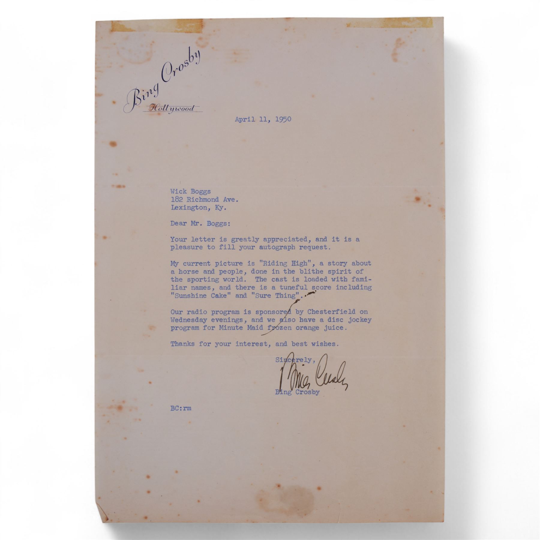 Bing Crosby signed typed letter, addressed to fan Mr Wick Boggs of Kentucky, detailing his next picture 'Riding High', signed and on 'Bing Crosby Hollywood' letterhead, together with a black and white photograph of Crosby smoking a pipe, with certificate of authenticity