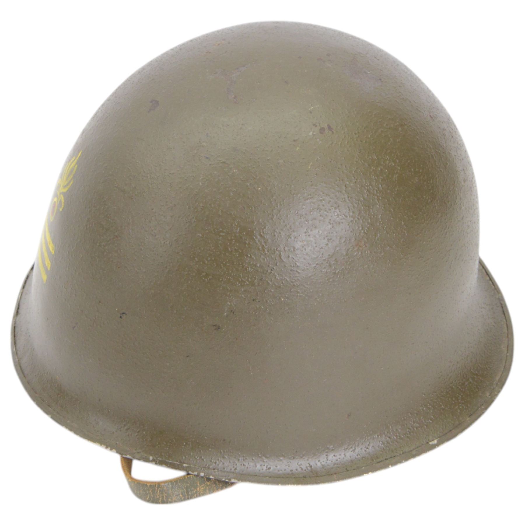 Indochine period, French 1st Legion M47 steel helmet, with 1st legion insignia painted to the front, with inner webbing and leather chin strap 