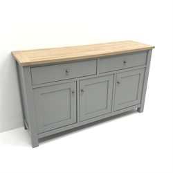 Next Malvern grey and oak sideboard, two drawers above three cupboards, stile supports, W138cm, H81cm, D40cm