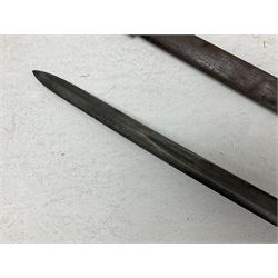 19th century Imperial German army heavy cavalry officers sword by Schnitzler and Kirschbaum, with 89cm single fullered steel blade and sheet steel basket hilt with teardrop cut-out and wire-bound leather grip L107.5cm overall; in steel scabbard with two suspension rings; and British Army 1822 Pattern Infantry Officer's sword in associated scabbard (2)