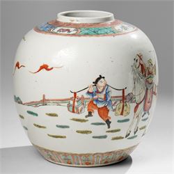 Chinese famille verte ginger jar, painted with figures in a garden setting, apocryphal Qianlong mark to base, H24cm