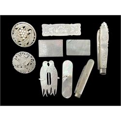 Two silver fruit knives with mother of pearl handles, hallmarked, mother of pearl tokens and similar items 