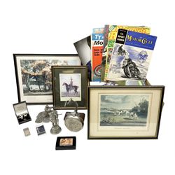 Quantity of pewter figures, to include Commando figure and 42 Commando Royal Marines figure, hunting related badges, flask, framed hunting prints, 1960 The Motor Cycle magazine and other 1960s motorbike magazines etc