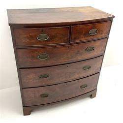 19th century mahogany bow front chest, two short and three long drawers ogle bracket supports