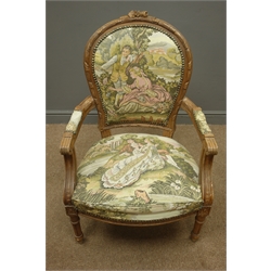  French style armchair, floral carved beech frame, tapestry upholstered seat and back, turned and fluted supports  