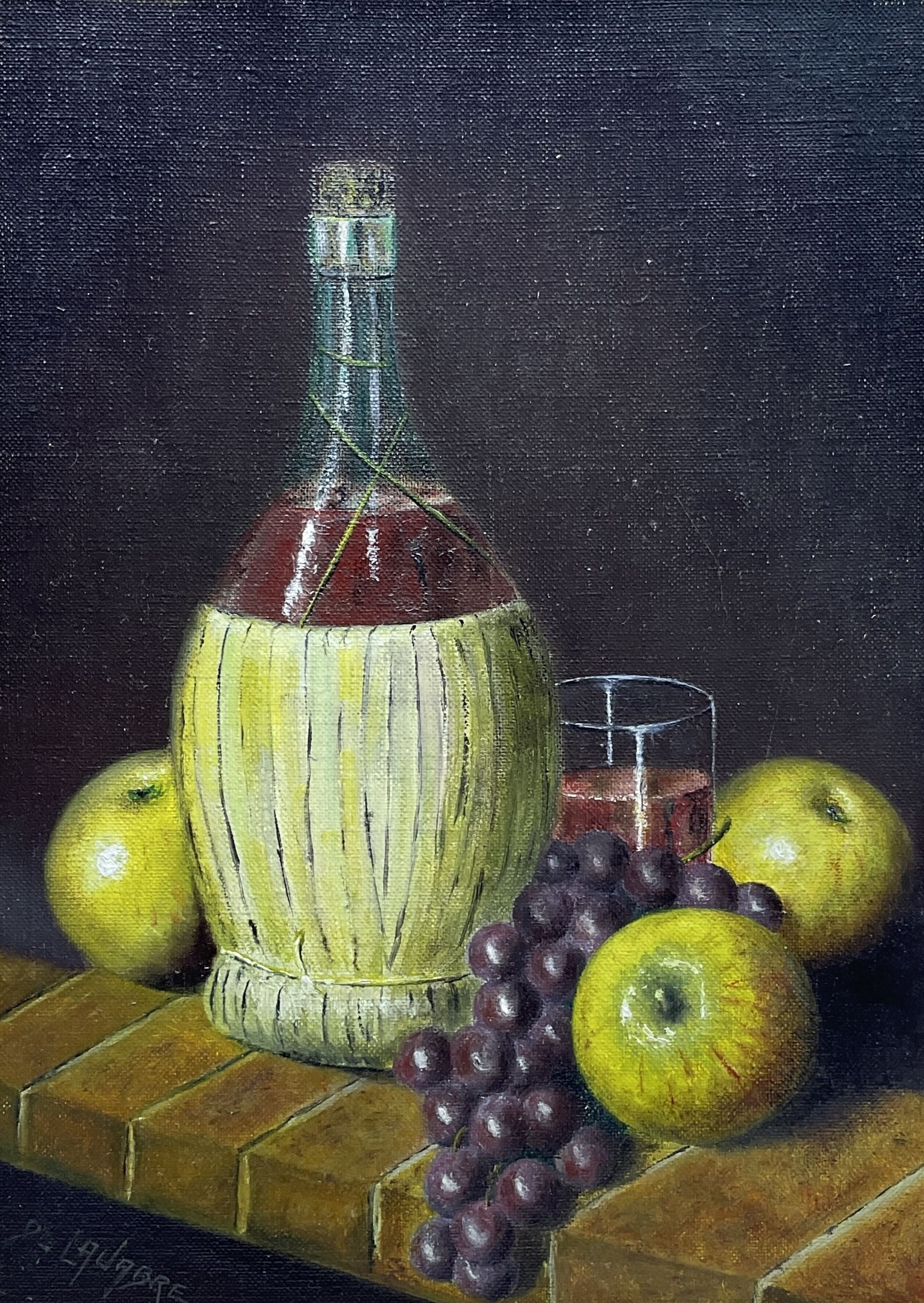 Daniel Lavabre (French 20th century): Still Life of Fruit ad Wine on Shelf, oil on canvas signed 32cm x 23cm 