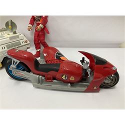Manta Force Red Venom 1987 Bluebird Toys PLC toy plane with associated figures, with three more toy vehicles and figures comprising Lanard 1996 S.T.A.R Force Mobile Ground Support truck, Hasbro 2000 Action Man motorbike with side car, Sindy moped 