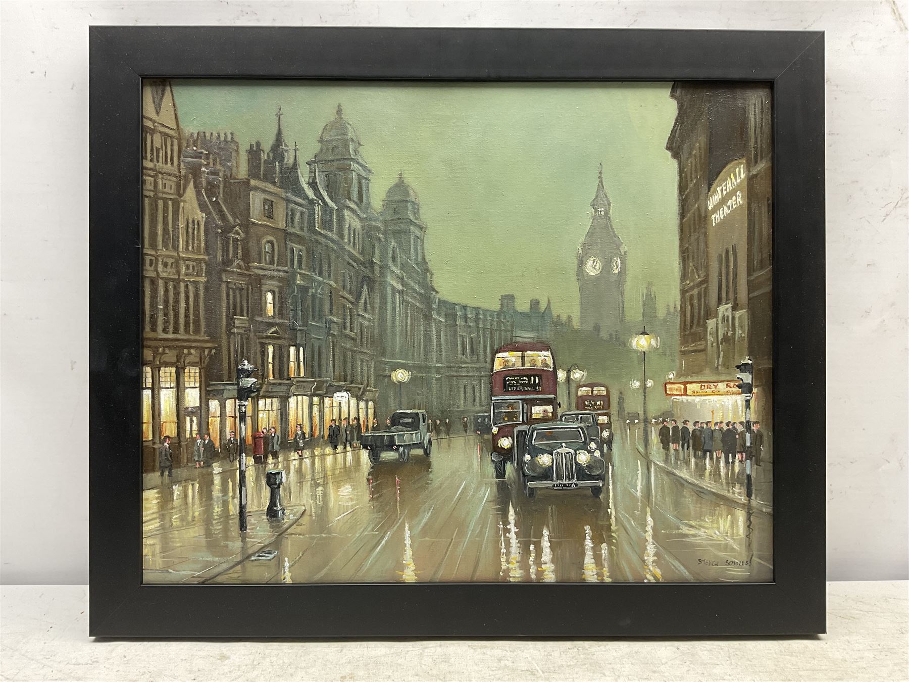 Steven Scholes (Northern British 1952-): 'Whitehall - London 1962', oil on canvas signed, titled verso 39cm x 49cm