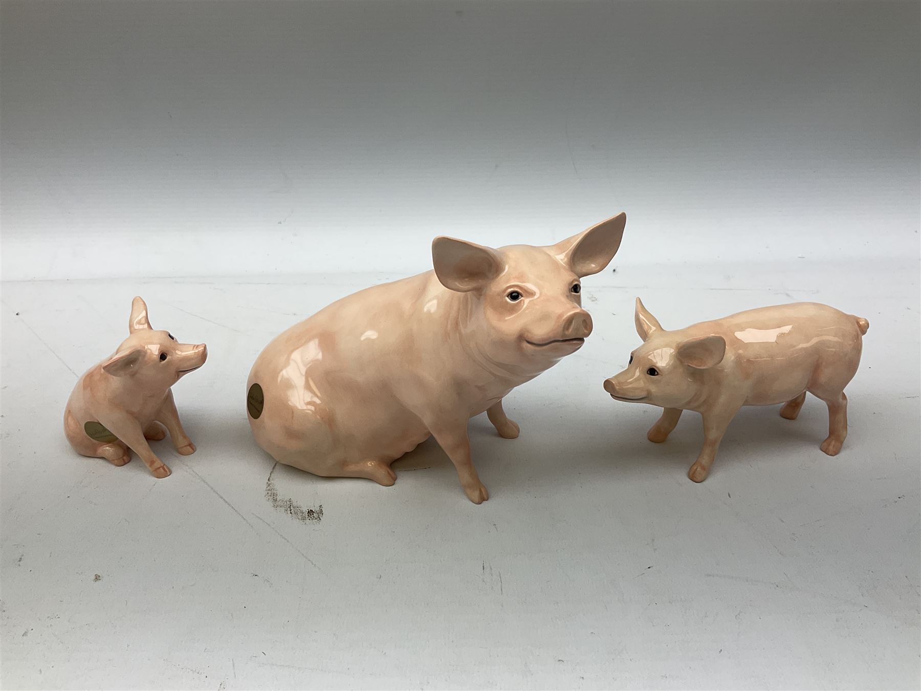 Collection of Beswick pig figures, to include John Beswick Little Likeables ‘Hide and Sleep’, white boar pig and John Beswick trio of pigs, all marked beneath (5)