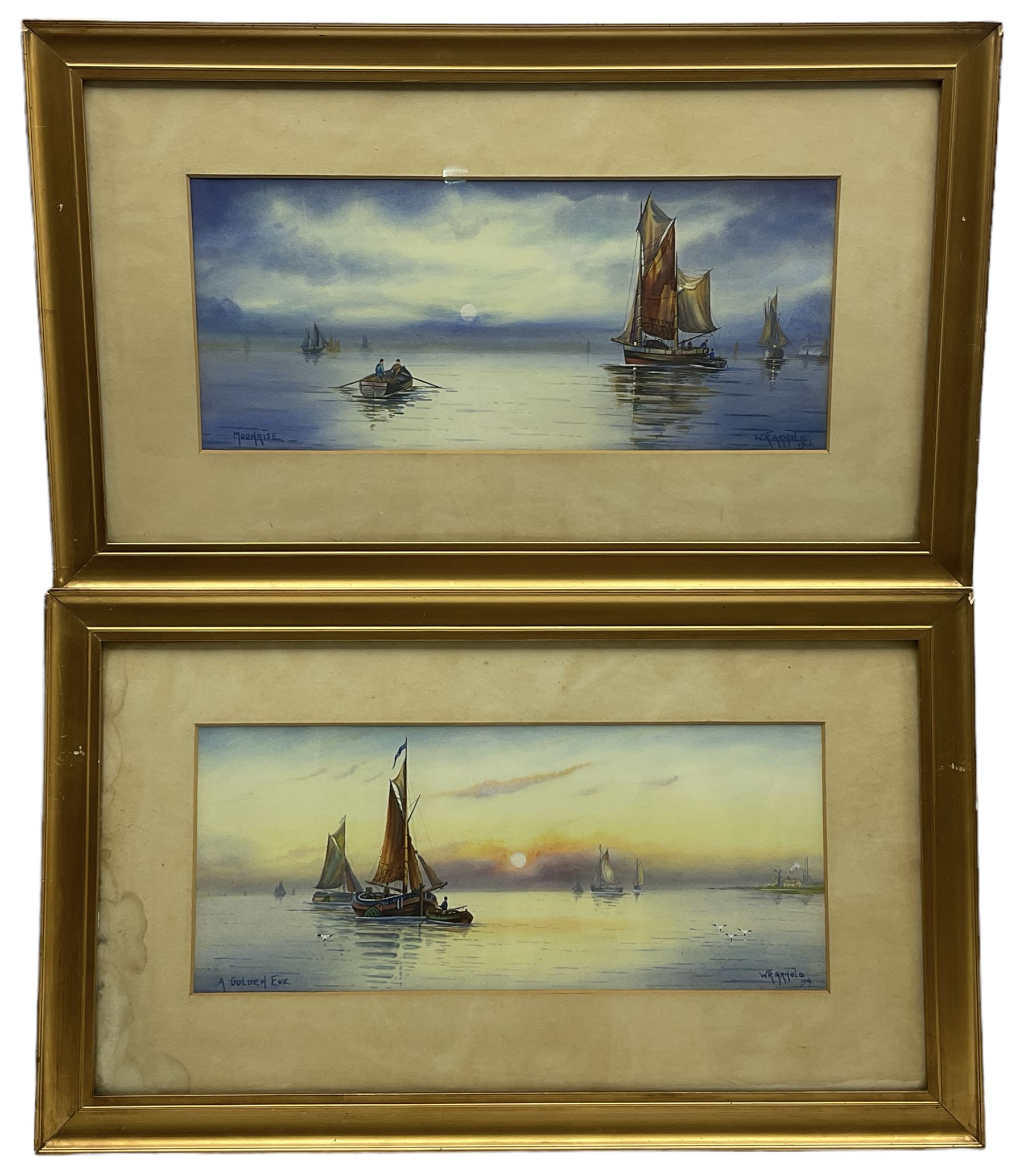 W R Arnold (British early 20th century): 'Moonrise' and 'A Golden Eve', pair watercolours signed and dated 1916, 20cm x 48cm (2)