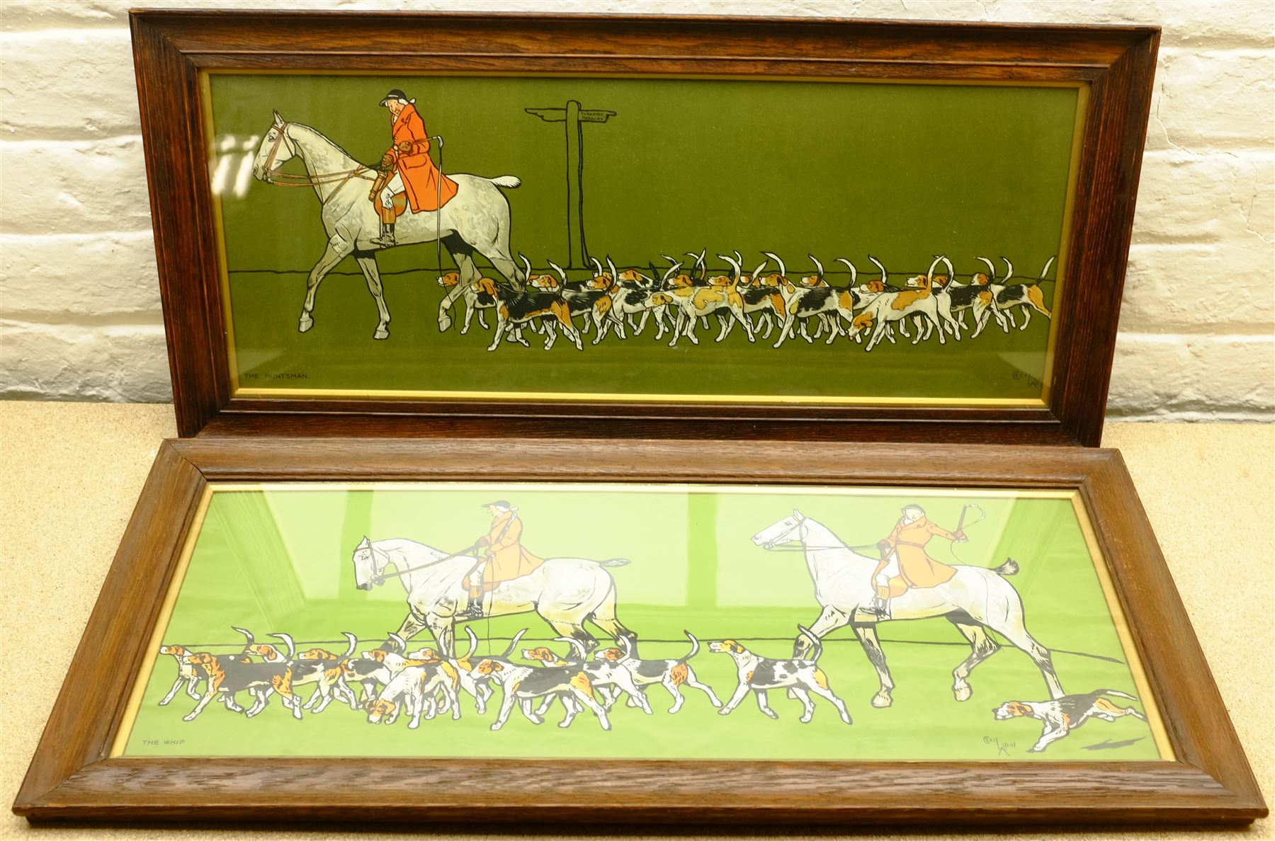 After Cecil Aldin (British 1870-1935): 'The Huntsman', 'The Whip', 'The Glasgow Coach' and 'The Eton Coach', set four chromolithographs, the first pub. Richard Wyman & Co, the others pub. Lawrence & Jellicoe, c.1907, 26cm x 69cm (4)