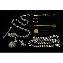 Early 20th century silver Albertina watch chain, three gold stick pins including horseshoe, gold tourmaline brooch, all 9ct and silver links