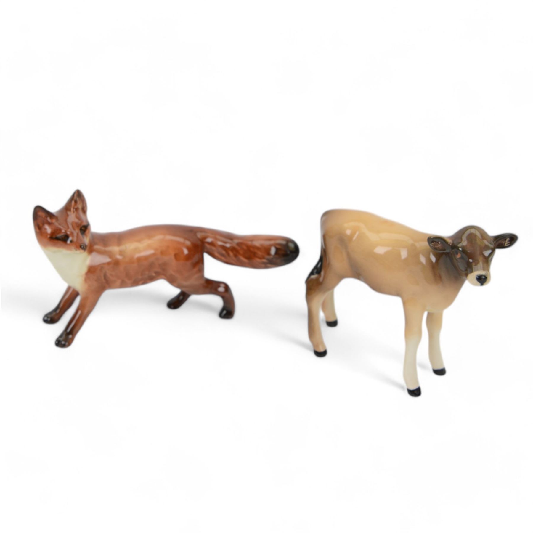 Five Beswick figures, Jersey family group; Bull Ch. Dunsley Coy Boy, model 1422, Cow Ch. Newton Tinkle, model 1345 and Calf, Hereford Bull and Fox 
