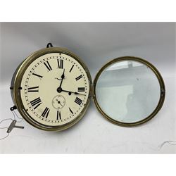 Seth Thomas ship's bulkhead clock with brass bezel and japanned case, the white dial with Roman numerals and subsidiary seconds dial D23.5cm; with key