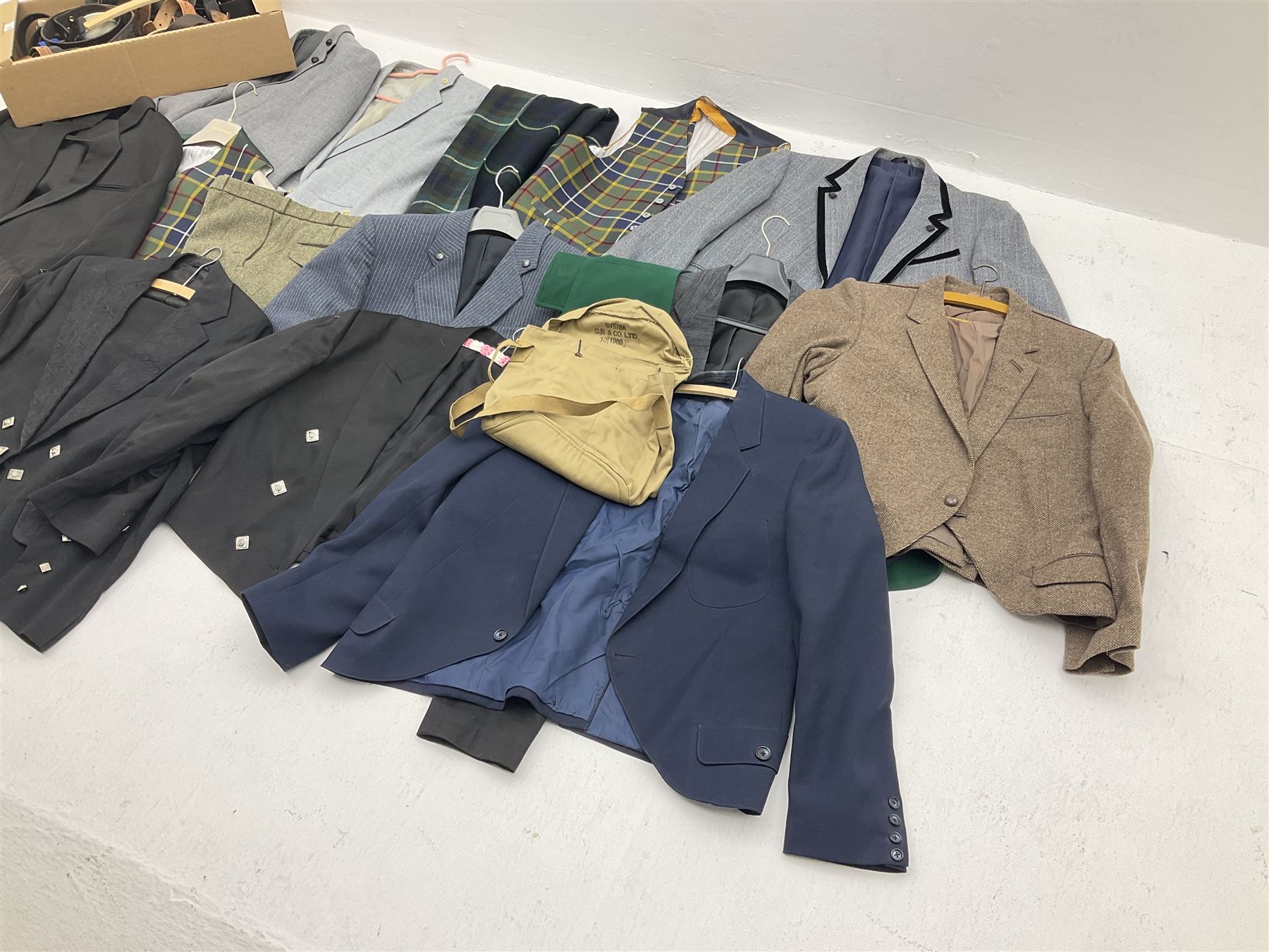 Vintage and later clothing including mess jackets, waistcoats, by various makers including 'Skopes', 'Saxon Hawk', 'Lincroft', 'Grendale' etc, belts including leather examples etc, in three boxes