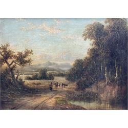 English School (19th century): Figure with Cattle on a Lakeland Track at Sunset, oil on canvas unsigned 27cm x 38cm