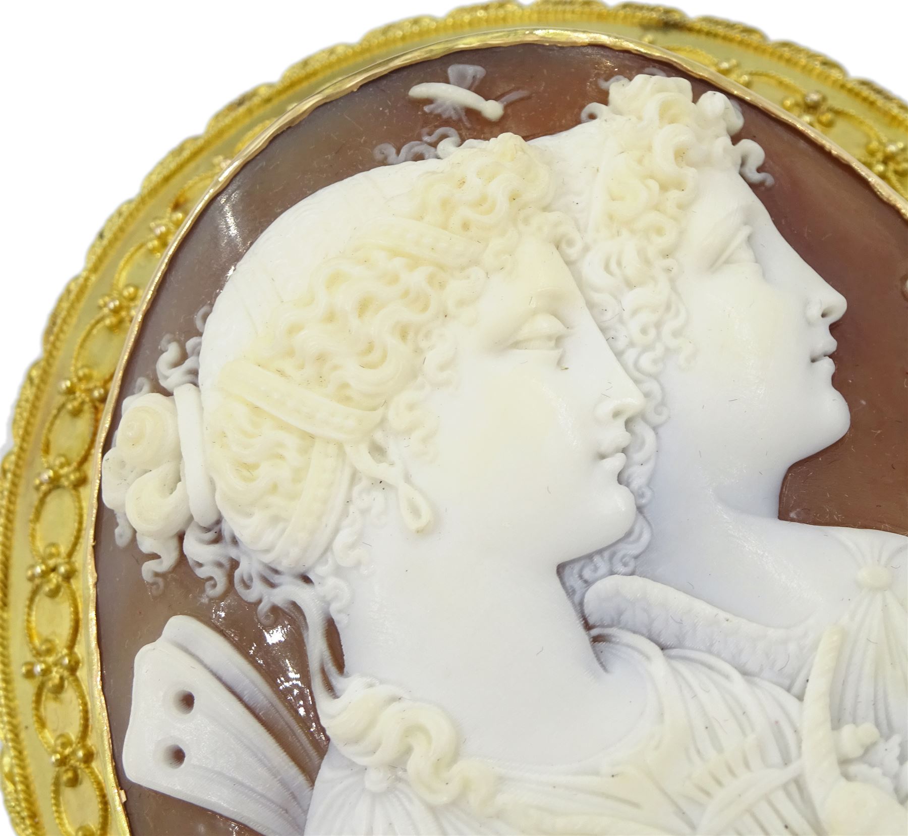 Victorian fine cameo brooch depicting Cupid and Psyche, in 18ct gold Etruscan Revival gold wirework mount, the reverse indistinctly signed Lamary, in original fitted silk and velvet lined case