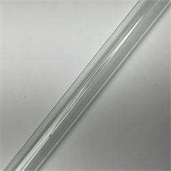 19th century malacca walking cane, the screw threaded domed cover opening to reveal vacant recess, above a further screw threaded opening revealing a removable glass vial with stopper, glass vial L41cm, cane L89.5cm