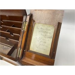 Small oak correspondence box, the front with twin sloped doors opening to reveal a compartmented interior fitted with pen tray, inkwell recesses and letter rack, above a lower drawer, H26cm D17cm