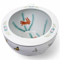 Large 20th century Chinese fish bowl/planter, the interior decorated with goldfish, the exterior with butterflies, D38cm H30cm