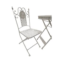 Wrought iron mesh style round bistro table and two chairs in white finish  - THIS LOT IS TO BE COLLECTED BY APPOINTMENT FROM DUGGLEBY STORAGE, GREAT HILL, EASTFIELD, SCARBOROUGH, YO11 3TX