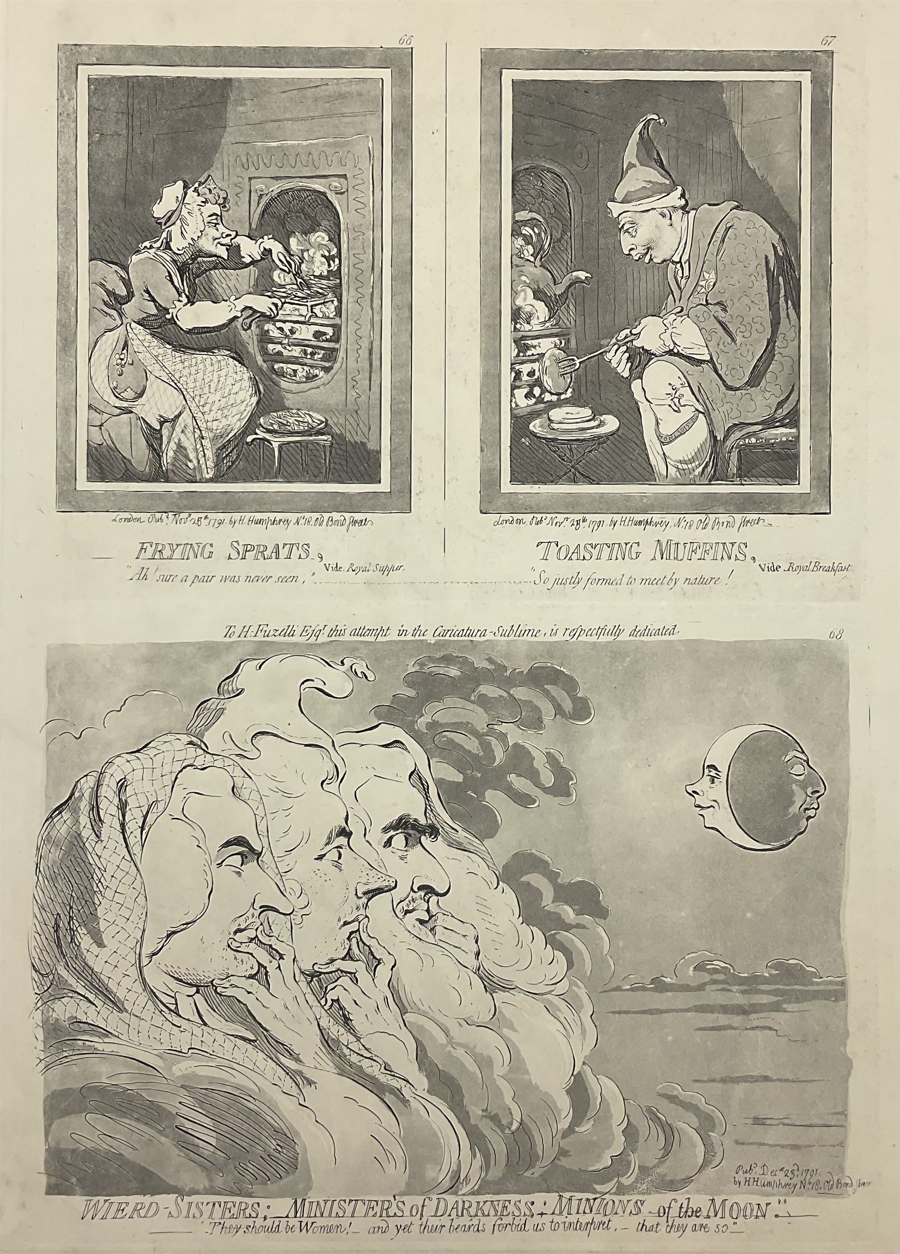 James Gillray (British 1756-1815): 'The pacific entrance of Earl-Wolf into Blackhaven', etching with hand colouring pub. Hannah Humphrey 1792, three further etchings verso 'Frying Sprats', 'Toasting Muffins' and 'Weird Sisters - Ministers of Darkness - Minions of the Moon' 39cm x 53cm (unframed)