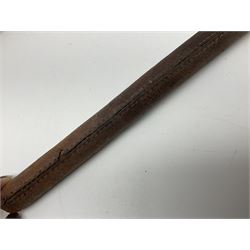 19th century continental folding knife with 15.5cm single edged blade, the pierced brass and iron handle with remains of horn grips L21.5cm overall closed; turned horn handled knife with foliate engraved blade; battlefield relic German 1884/98 knife bayonet; iron spear head; leather covered swagger stick; and two-piece gun cleaning rod