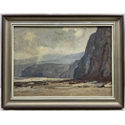 Marie Hartley (Yorkshire 1905-2006): 'Cliffs near Robin Hood's Bay', oil on canvas signed, titled on printed label verso 25cm x 35cm