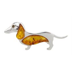 Silver Baltic amber dachshund brooch